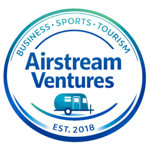AIRSTREAM VENTURES logo with a teal and blue circular design, a small Airstream trailer illustration.