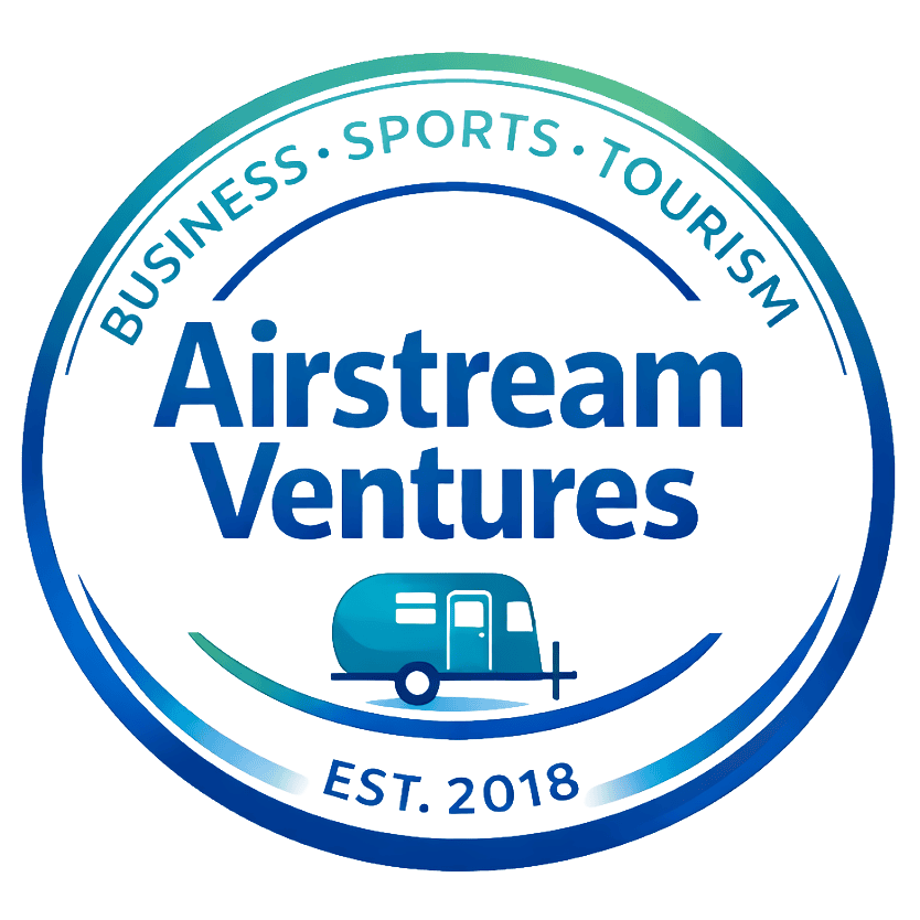 AIRSTREAM VENTURES logo with a teal and blue circular design, a small Airstream trailer icon, and te.