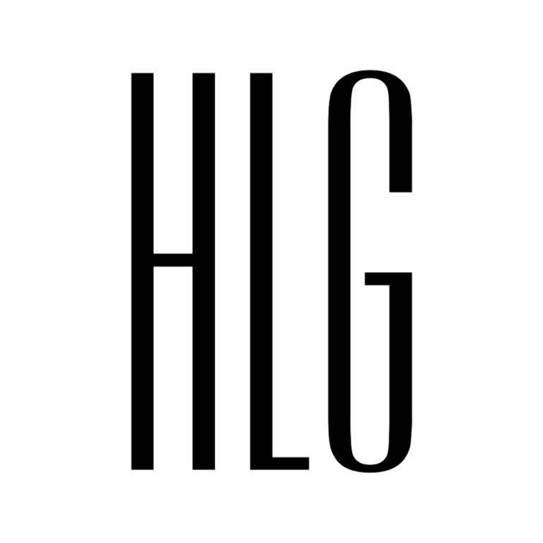Black monogram HLG on white circular background.