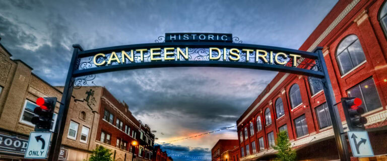 Historic Canteen District sign over a street in North Platte, Nebraska.