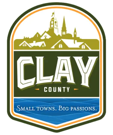 Clay County, Florida logo with townscape and slogan.