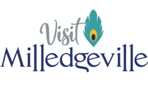 Visit Milledgeville Georgia with a peacock feather graphic.