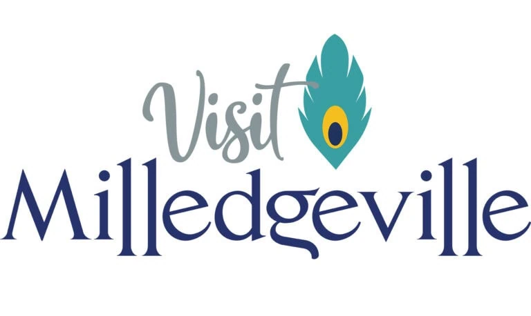 Visit Milledgeville Georgia with a peacock feather graphic.