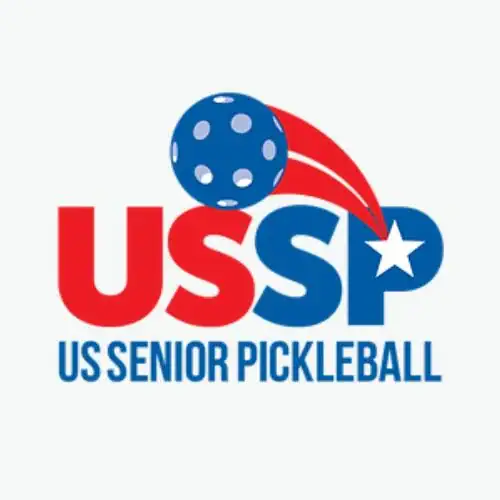 US Senior Pickleball logo with a blue pickleball and red swoosh.