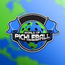 Playful logo of a pickleball with a globe and banner, representing the World of Pickleball.