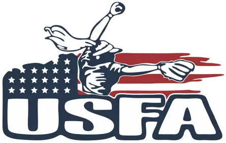 US Fastpitch Association logo with a cartoon softball player and American flag elements.