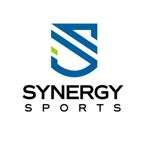 SYNERGY SPORTS logo with stylized "S" in blue and green accents, and the text "SYNERGY SPORTS" below.
