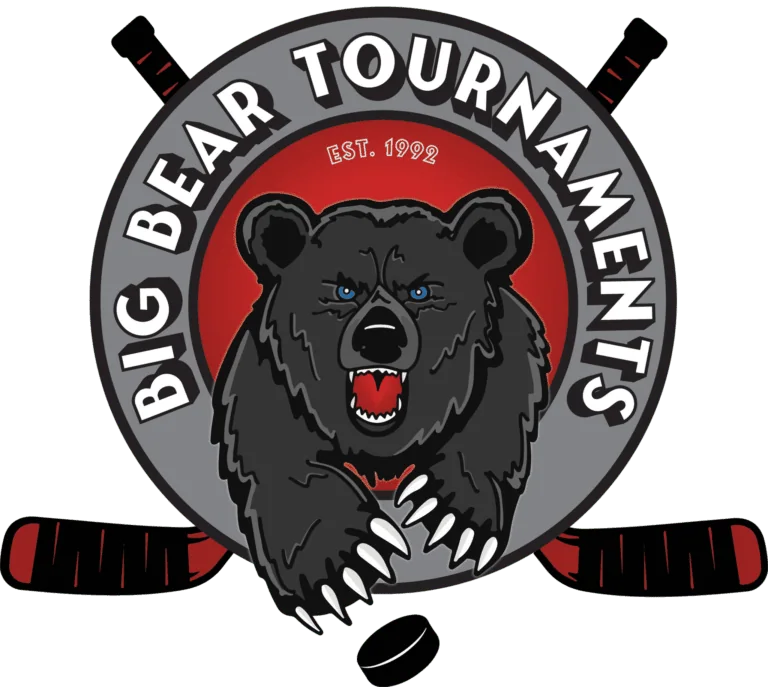 Logo for Big Bear Tournaments featuring a bear with hockey sticks and a hockey puck.