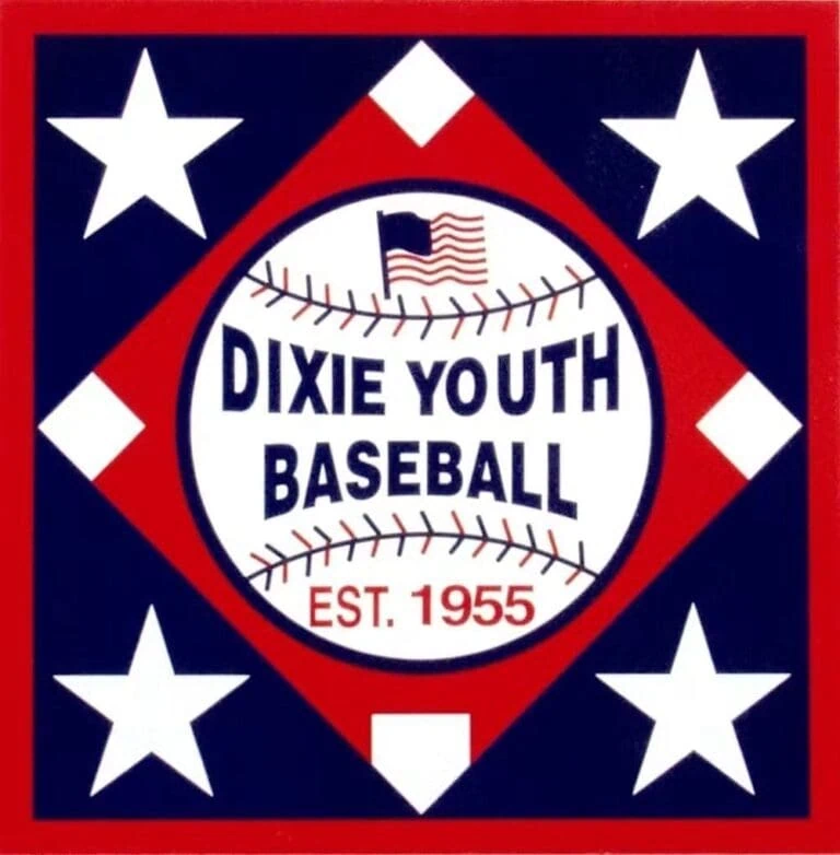 Dixie Youth Baseball logo with stars and American flag, established 1955.