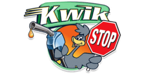 Kwik Stop logo with a cartoon duck holding a fuel pump and stop sign.